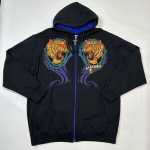 VTG 90s Avirex Tiger Embellished Rhinestone Tattoo Full Zip Hoodie Black XL NEW